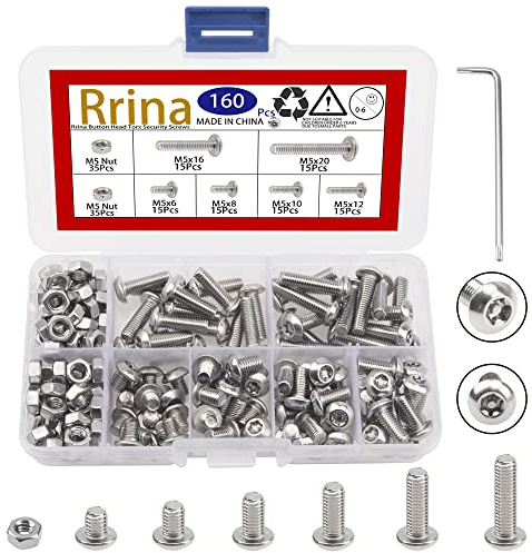 Rrina 304 Stainless Steel Button Head Torx Security Screws Tamper Resistant Screw Assortment Set, Bolt Nuts with Wrench (M5)