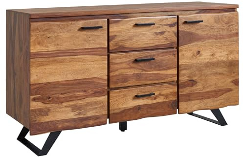 FineBuy Sideboard 145x45x82 cm Sheesham Massivholz Baumkante | Kommode mit 2 Türen und 3 Schubladen, Anrichte aus Echtholz mit viel Stauraum, handgefertigtes Unikat