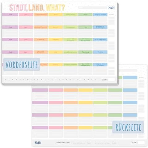 Häfft® Stadt-Land-Fluss Block A4 Stadt, Land, What mit 27 Kategorien für gute Laune, 50 Blatt, Familien-Spiel, Party-Spiel, Reise-Spiel - nachhaltig & klimafreundlich