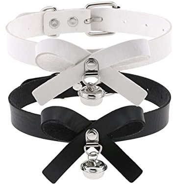 JIHUOO 2 Stücke Damen Gothic Choker PU Leder Halskette Halsband Lederhalsband Verstellbar Kragenchoker Goth Choker Kragen mit Glocke und Bogen für Frauen