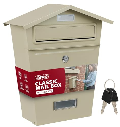 ZENO Post Box | Letter Box Wall Mounted Waterproof | Large Outdoor Mail Box for Home | Secure Postbox with Lock and Keys | Modern Letterbox with Nameplate Window | Heavy Duty Post Boxes | Beige