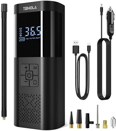 TEMOLA Elektrische Luftpumpe, Mini Akku Kompressor Auto mit LED Licht, Akku Luftpumpe Auto Zubehör Essentials, Fahrradpumpe Elektrisch mit Manometer Tire Inflator Portable