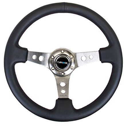 NRG Innovations NRG-RST-006GM verstärktes Lenkrad – 350 mm Sportlenkrad (7,6 cm tief) – Metallspeichen mit runden Löchern, schwarzes Leder