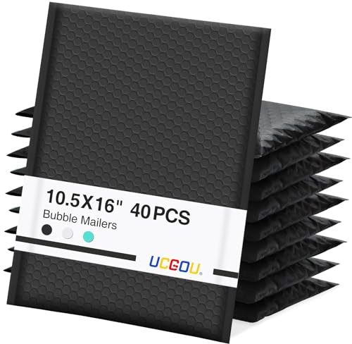 UCGOU Bubble Mailers 10.5x16 Inch 40 Pack Usable Size 10.5x15 Inch Large Padded Envelopes Black Waterproof Packaging Bags for Shipping Self Seal Strong Adhesion Envelopes for Jewelry Makeup Supplies