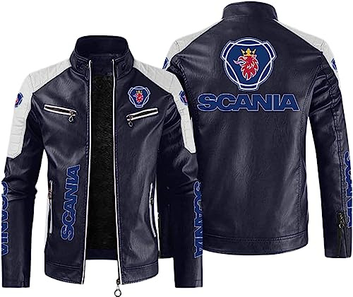 Uomini Giacche Di Pelle Cappotti Da Moto Per Scania - Stampa Antivento Giacca Collo Alto Spessa Felpe Calde Outwear - Regali Teen -B||3XL