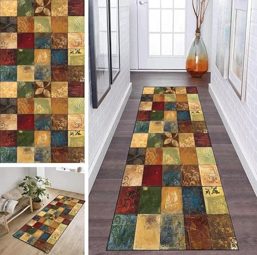 ZDYHMrj Läufer Teppich Lang Flur rutschfest Waschbar 80X240CM Küche Korridor TeppichLäufer für Flur Vintage Bunt Schlafzimmer Wohnzimmer Polyester Teppichmatte Dauerhaft, Anpassbar Küchenteppich
