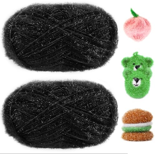 Uiopa Glitter Yarn for Crochet 2 Skeins (2 x 100g, 2 x 200m) Scrubby Yarn Fluffy Polyester Cord for Crocheting Knitting Dishcloths Washcloths Home Decor DIY Crafts (Black)