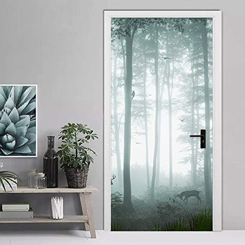 Sticker Porte 3D Forêt brumeuse Autocollant Poster De Porte Auto-Adhésif Vinyle Affiche De Porte Sticker Mural Chambre Salle De Bain Papier Peint Art Décor L77 x H200cm