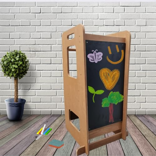 Torre de Aprendizaje Montessori de Madera Natural -Torre de Aprendizaje Parra bebé con Altura Regulable, Taburete Seguro para niños, Torre Montessori con FSC para niños con Pizarra (Roble)