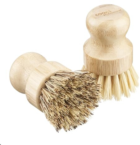 Cooks Professional Set of 2 Bamboo Pot Brushes | Eco Friendly Plastic Free Washing Up Brush | 1 of Each Soft & Hard Sisal Bristles | Kitchen Bathroom Home Scrubbing Brush Cleaning Tools