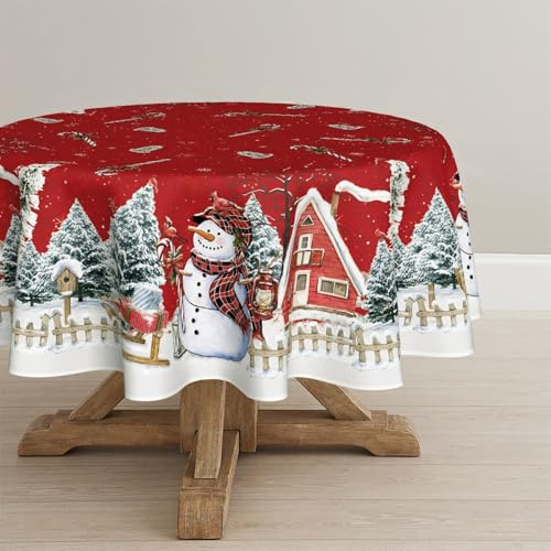 Artoid Mode Rot Haus Schnee Bäume Zaun Schneemann Weihnachten Tischdecke Rund 140 cm, Winter Fleckschutz Tischwäsche Küche Dekoration Party Dekor