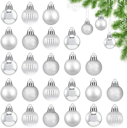 Idota 24 Stück Weihnachtskugeln Set Silber 3 cm Matt Glitzernd Weihnachtsbaumschmuck Glänzend Mini Christbaumkugeln mit Aufhängeöse für Weihnachten Hochzeit Party Dekoration Festival
