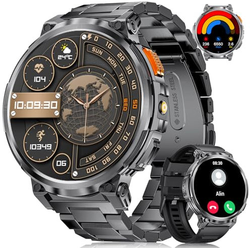 DREMAC Smartwatch Herren-1.85‘’ HD Großes Display/730 mAh Akku Sportuhr Herren mit Taschenlampe/120+ Sportmodi,IP68 Wasserdicht Fitnessuhr mit 24/7 Herzfrequenz,Schlafmonitor für Android iOS,2 Bänders