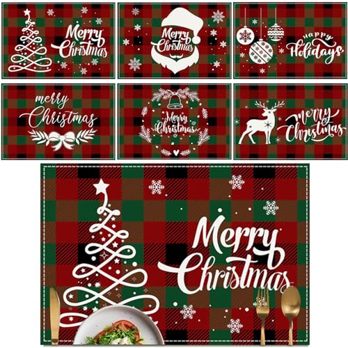ALINK Weihnachten Platzsets 6er Set, Polyester Leinen Platzdeckchen 30x45cm,Winter Urlaub Bankett Tischsets Platzdeckchen Küche Party Deko (Plaid)