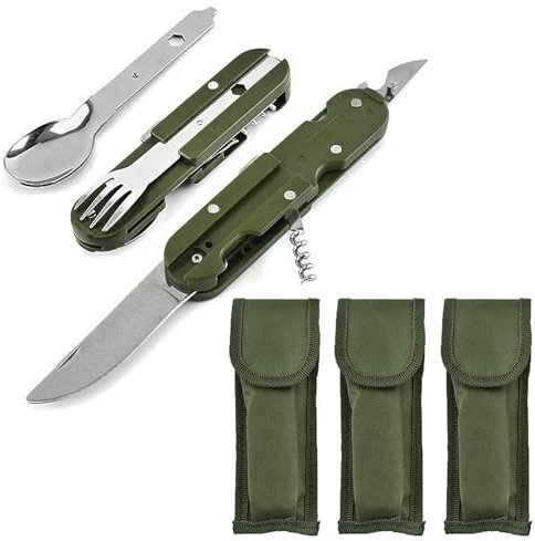 Xiciki 3 Pièces Vaisselle Pliante en Acier Inoxydable 5 en 1, Kit Couvert Camping Multifonction, Pliable Assembler Couteau Fourchette pour la Randonnée en Plein Air Pique-Nique Voyage