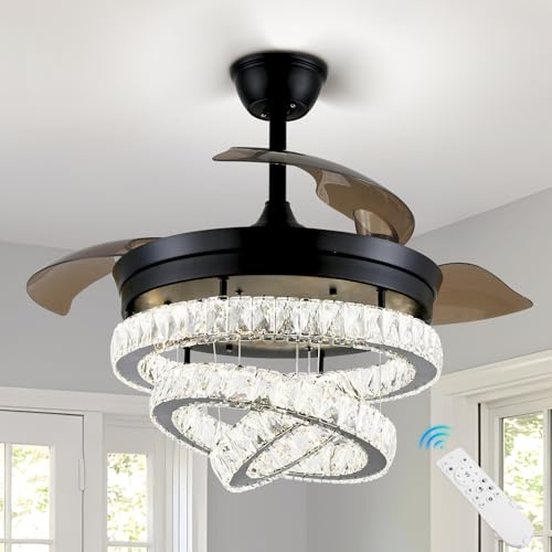 LED Kristall Deckenventilator mit Licht & Fernbedienung – 42″ (≈107 cm) Schwarzer Kronleuchter Ventilator, 6 Geschwindigkeiten, dimmbar, Timer, leise, umkehrbar – für Schlafzimmer & Wohnzimmer