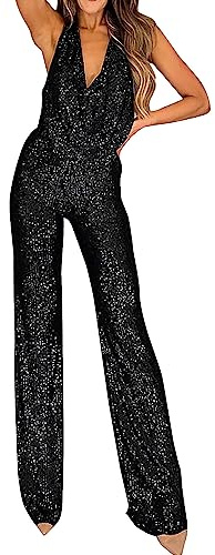 Tuta Elegante Donna Tute Donna Eleganti Lunghe Con Paillettes Jumpsuit Donna Scollo a V Curvy Tailleur Con Schiena Scoperta Taglie Forti Cocktail Cerimonia Pantaloni Senza Maniche Brillantini Party