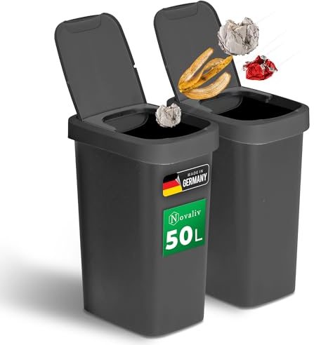 Novaliv 2 Stück Mülleimer 50L mit 2in1 Deckel, Klappdeckel & Schwingdeckel, Stilvoller Anti-Geruch Abfalleimer für Küche Haushalt Büro, Müll Eimer Abfall Bin Trash Kunststoff Abfallbehälter