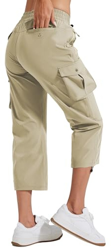 Pioneer Camp Pantaloni Capri da donna estivi a 3/4, leggeri, da trekking, casual, con elastico in vita, per attività all'aperto, con 6 tasche, cammello, S
