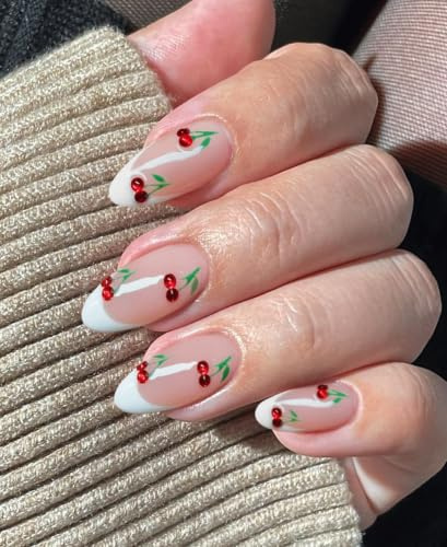 JMEOWIO Gel Nail Stickers Cherry French Tip Semi Cured Gel Nail Strips Wraps UV/LED Nails Art Design Decoration Accessories