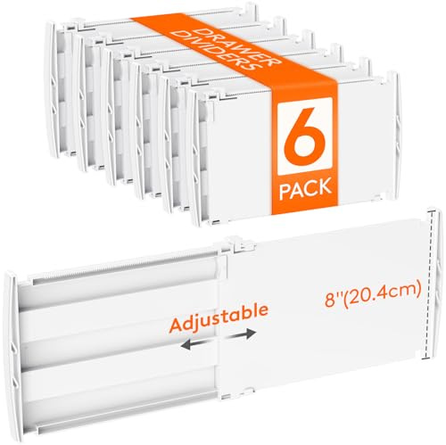 Lifewit 6 Pack 8 High Drawer Dividers 35-56.5cm/13.8-22.2 Adjustable Drawer Dividers for Clothes, Expandable Kitchen Drawer Dividers Organisers, Drawers Separators for Bathroom/Bedroom/Office White