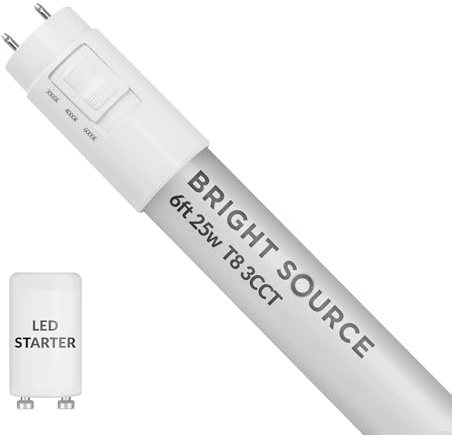 Bright Source LED T8 Tube, 3CCT Colour Switchable 3000K 4000K 6000K, 6ft (1764mm), 25W, 3375lm, 70w T8 Fluorescent Equiv., Starter Included, use with Direct Mains or Fitting with Magnetic Ballast