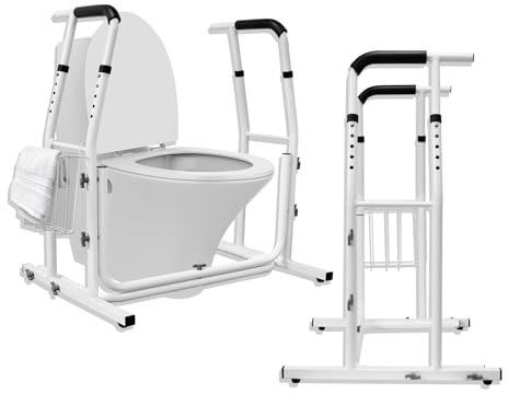 Froadp Mobile Aufstehhilfe Toilettenrahmen Höhenverstellbar WC Toiletten Stützgestell mit Ablagekorb Sicherheitsrahmen für Toilettenstützen Toilettenstützgestell für Bad Belastbar bis 200 KG