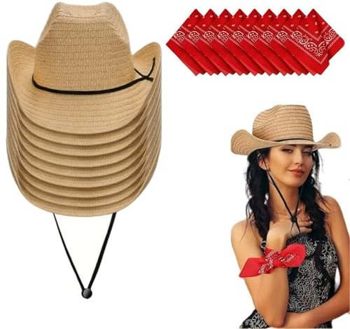 Générique Confezione da 10 cappelli da cowboy con bandane da uomo e da donna Western Cowgirl Hat Foulard Cappello di paglia Panama per accessori da festa, rodeo, mascherate, cachi., Taglia unica