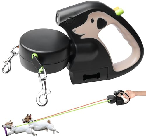 Correa retráctil doble para perros, con luz LED, doble correa extensible para perros de 3 m, flexible, mango antideslizante, botón de freno rápido para perros pequeños y medianos (marrón)