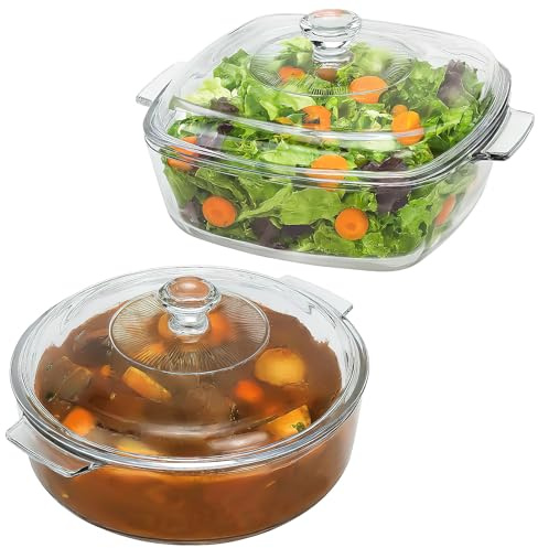 2 Pack Casserole Dish with Lid, Glass Oven Dish, Individual Glass Casserole Oven Proof Baking Dish for Food Baking Cooking Serving (1.5L + 1.7L)
