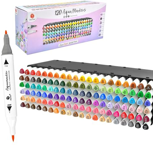 Decotime - Set di 120 pennarelli Aqua a doppia punta, formato XXL, impilabili, set di pennarelli ad acquerello, atossici, per bambini dai 3 anni in su, pennarelli professionali per arte e