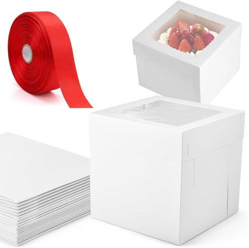 DNSHAN 8 Pieces 10 inch Cake Boxes with Red Ribbon, 10x10x10 Inches Cake Boxes with Window, Paper Bakery Box, Cake Carrier, Cookie Box, Gift Pastry Boxes for Cake Dessert, Pie