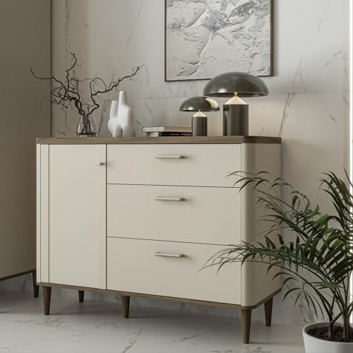 Forte LACETTI Kommode 120, Moderne Kommode mit Skandi Lamellen Design, 3 Schubladen, 1 Tür, Holzwerkstoff, Sand mit Valencia Eiche Holzdekor, 120,1 cm breit x 91,7 cm hoch x 41,2 cm tief