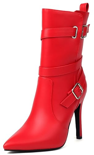 Lroey Reoly Mujer Tacón de Aguja Tacón Alto Botas Cortas Puntiagudo Noche Dx945 Rojo Talla 37 EU