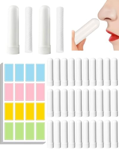 WINXMIN Riechstifte für ätherische öle,Gute Hygroskopizität Naseninhalator Stift Riechstäbchen mit Docht Nachfüllbarer Inhalator Stick, 30 Stück， wird mit 80 Farbetiketten geliefert