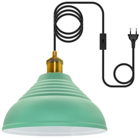 Hängelampe mit Stecker, Lampenfassung E27 mit 5M Kabel und Metal Lampshade, Pendelleuchte mit Stecker, Lampenkabel mit Schalter, Industrielle Hängeleuchte für Innenraum,Grün(Keine Glühbirne)