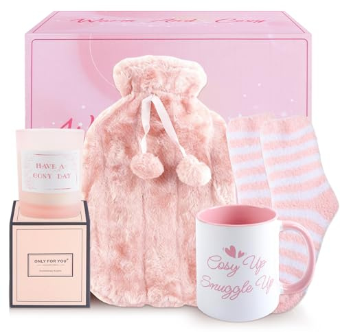 Hot Water Bottle Gift Set Pink, Christmas Gifts Includes Fluffy Hot Water Bottles, Fluffy Socks, Scented Candles and Coffee Cups, Cozy Birthday Xmas Gifts for Women Girls