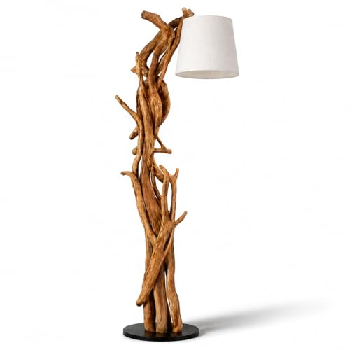 Bressmer MORGAN Wurzelholz Stehlampe 180 cm – Handgefertigte Teakholz Lampe mit Leinenschirm – Rustikale Naturholz Lampe Unikat – Design Stehleuchte für Wohnzimmer & Büro