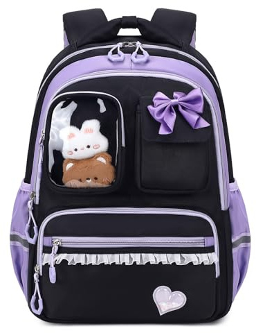 Amythe Mochila Escolar Niña, Mochilas Escolares Primaria Transpirable y Cómoda para Infantiles de 7 a 12 años, Mochila Colegio Moderna con Franjas Reflectantes, 22L, Negra Morado
