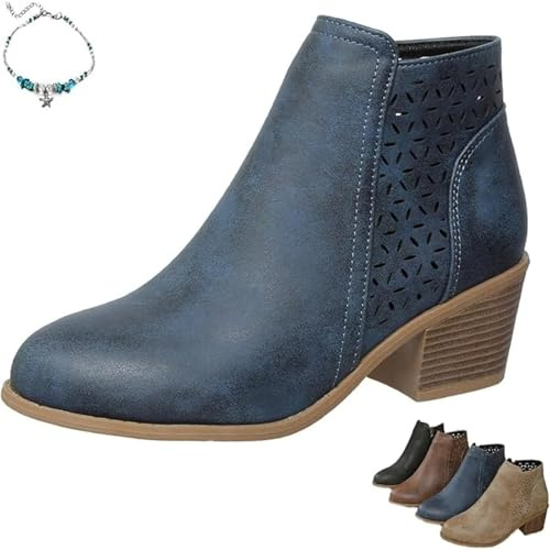 HESYSUAN Botas de tobillo ortopédicas de cuero con tacón grueso de altura media para mujer, con punta puntiaguda, tacón mediano apilado, cremallera lateral, transpirable, huecas, botas Chelsea ligeras
