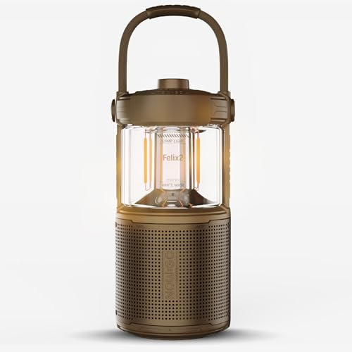 NOWGO Felix 2 Campinglampe LED mit Bluetooth Lautsprecher – Aufladbar, 360° Licht, 20W Sound, IPX7 Wasserdicht, 24h Akku, USB, Outdoor Musik, Camping Laterne Zelt (Braun)