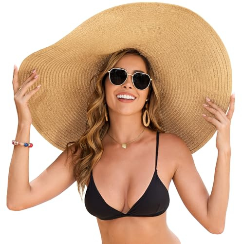 XquiziFit Oversized Strohhut für Damen mit breiter Krempe UPF 50+ UV-Schutz faltbar verstaubar für Reisen Urlaub Pool und Outdoor Khaki