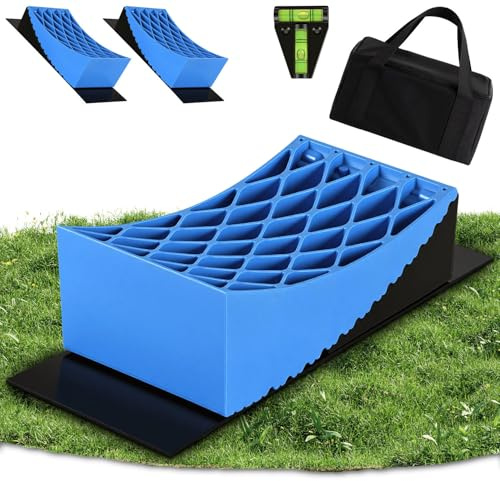 Cuñas para autocaravana de 13,5 t – Juego de 2 con 8 niveles de bloqueo de 2 – 10 cm, sistema doble antideslizante, incluye alfombrillas de goma y nivel de burbuja, para caravanas y eje doble perfil