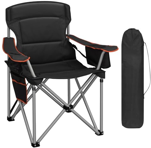Hzuaneri Campingstuhl, 220 KG Campingstuhl Faltbar mit Kühltasche, Getränkehalter, Tragetasch, Hochlehner Bequem Gepolste, Anglersessel Klappstuhl Garten Balkon Strand, Schwarz und Orange CC00299EO