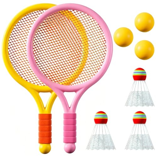 Kids Tennis Rackets Set,Children's Racket Set,2 Rackets, 3 Badminton Balls,3 Tennis Balls,Suitable for Outdoor and Indoor Sports（Yellowish-pink）