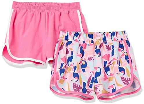 Amazon Essentials Girls' Active Performance Running Shorts with Elasticized Waistband, Pack of 2, 2-pack Pink/Toucan, 3T