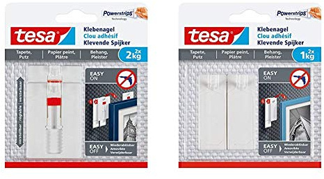 tesa 77777-00000-00 Tapete & Putz bis 2kg Verstellbarer Klebenagel / 2 x 2 kg Halteleistung, Weiß, 2 kg, 2 Stück & 77773-00000-00 Klebenagel für Tapeten und Putz/ 2 x 1kg Halteleistung, 1 Kg, 2 Stück