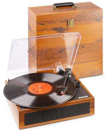 Fenton Plattenspieler Bluetooth, Vinyl Player mit Schallplattenkoffer, Autostopp, Abdeckhaube Vinyl Record Player mit eingebautem Lautsprecher, Schallplattenspieler mit Case, Holz Lightwood