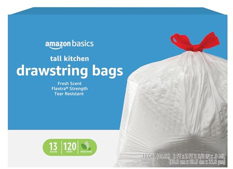 Amazon Basics Flextra Strength Tall Kitchen Drawstring Trash Bags, Fresh Scent, Tear Resistant, 13 Gallon, 120 Count