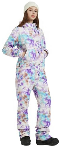 SNBOCON Womens One Piece Ski Suit Colorful Jumpsuits Snowboard Snowsuits Winter Outdoor Waterproof Hooded Jackets for Snow Sports (M,TDppl)